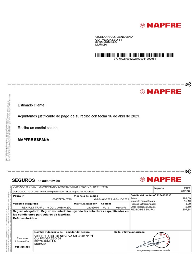Justificante de Pago Seguro MAPFRE | PDF | Seguro | Industrias de servicio