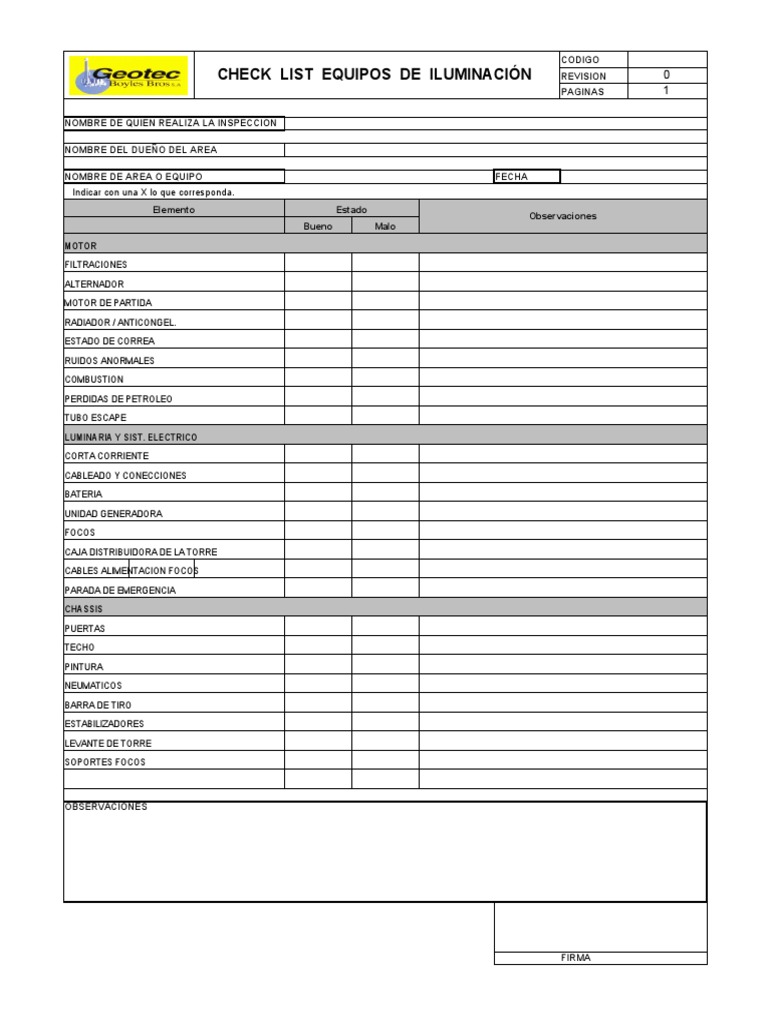 Check List Equipos de Iluminacion | PDF