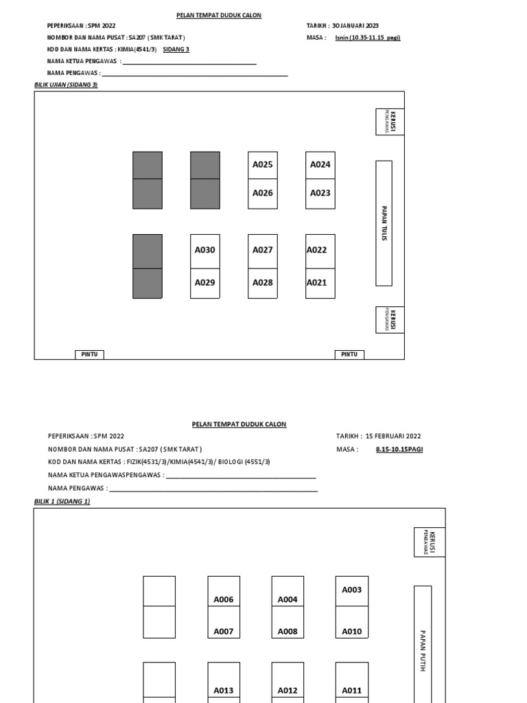Pelan Tempat Duduk Peperiksaan SPM 2022 | PDF
