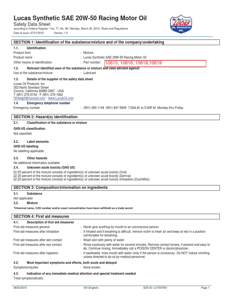 SDS RO Syn 20W50 PDF PDF Toxicity Motor Oil