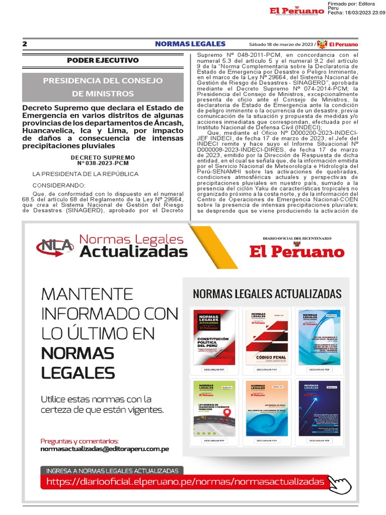 Decreto Supremo Que Declara El Estado de Emergencia en Vario Decreto ...