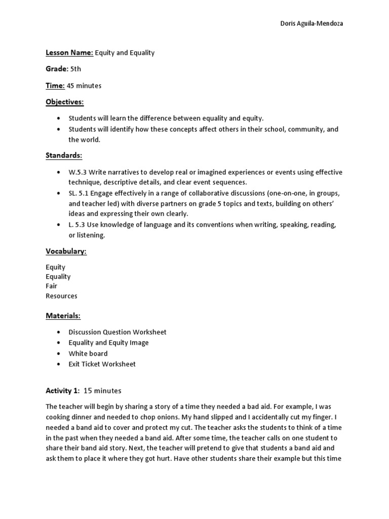 Equality Vs Equity Lesson Pdf Teachers Experience