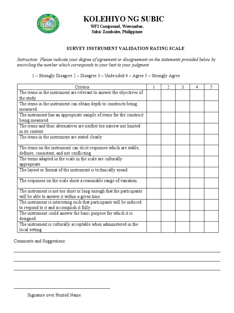 Survey Instrument Validation Rating Scale PDF Validity (Statistics