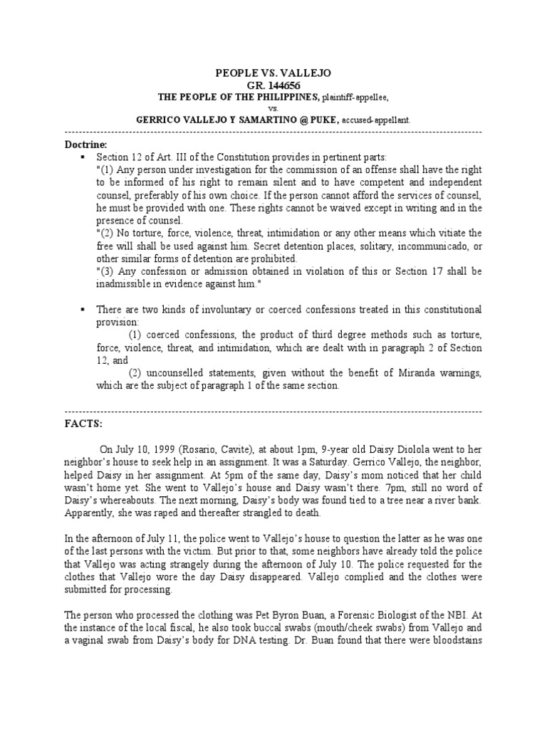 People vs. Vallejo PDF Confession (Law) Right To Silence