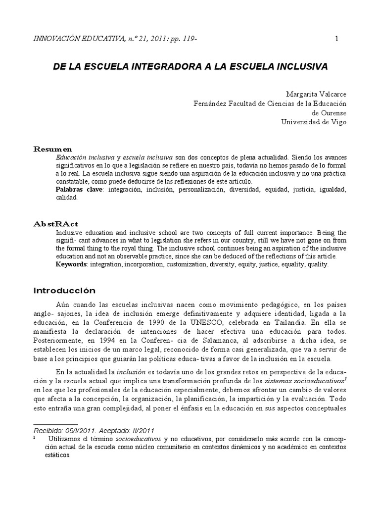 De la Escuela Integradora a la Inclusiva | PDF | Inclusión (Educación ...