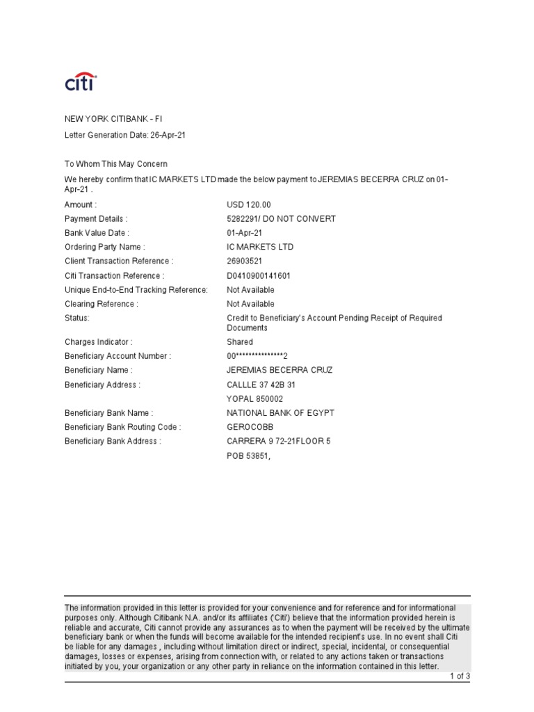 Citibank Payment Confirmation Letter | PDF | Banks | Citigroup
