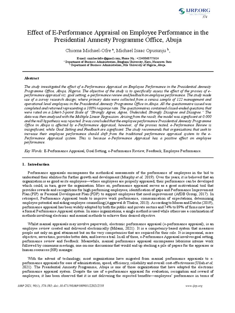 Effect of E-Performance Appraisal On Employee Performance in The ...