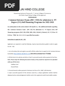 Additional Information JHC Common Entrance Test