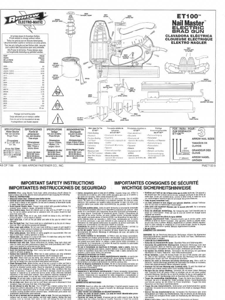 ArrowElectroMatic ET100 Nail Master Electric Brad Gun Manual PDF