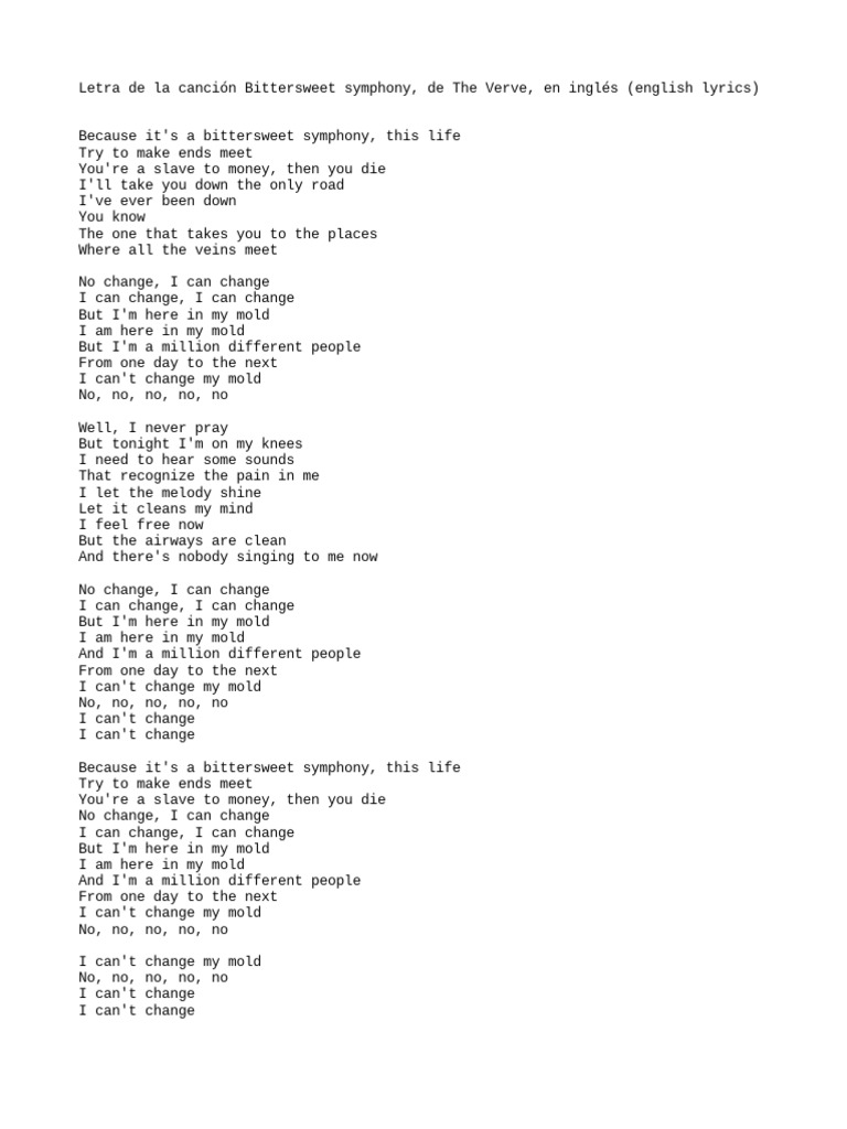 The Verve Bittersweet Symphony Song Lyric Vintage Quote, 52 OFF