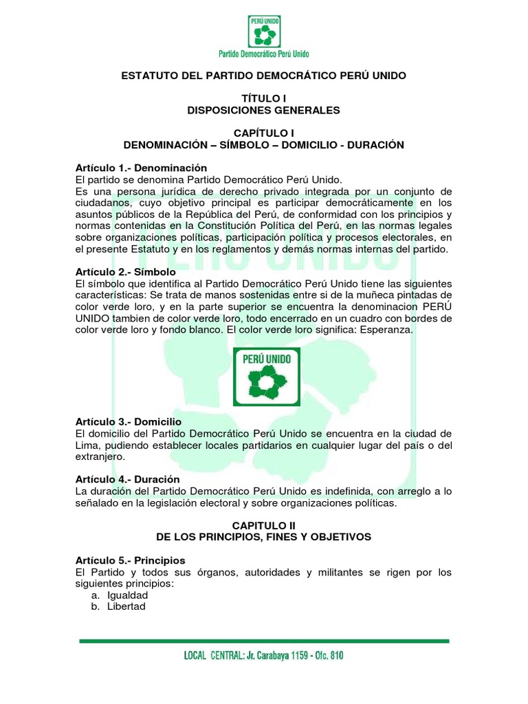 Estatuto Oficial Del Partido Democrático Perú Unido | PDF ...