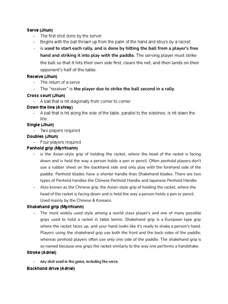Terms and Definitions PDF Table Tennis Athletic Sports