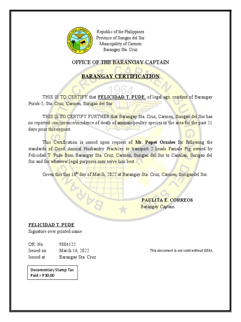 Animal Travel Certification from Barangay | PDF | Livestock | Domestication