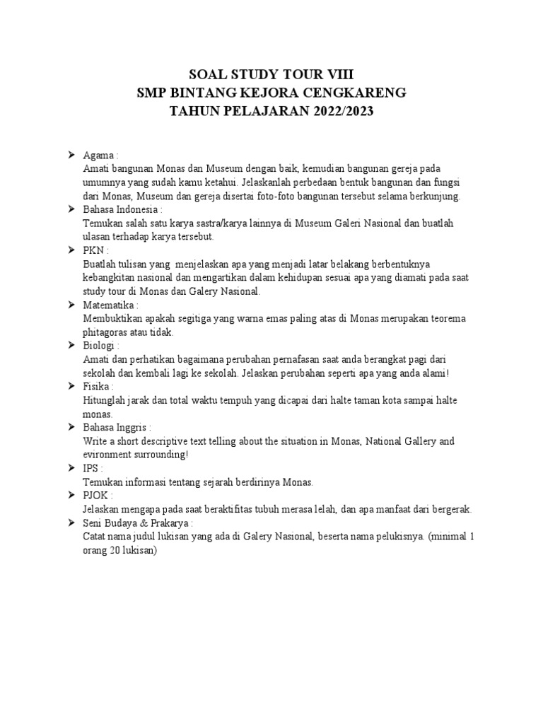 Soal Study Tour Viii 2022-2023 | PDF