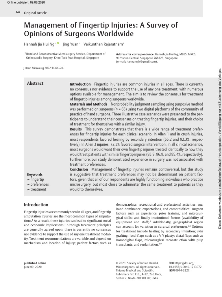 Management of Fingertip Injuries A Survey of Opinions of Surgeons