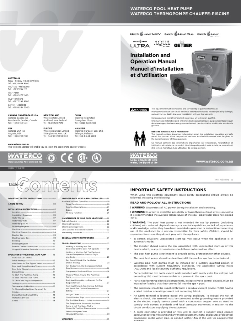 Electroheat MKVPlus Pool Heat Pump Manual ENG Oct21 W99341 F