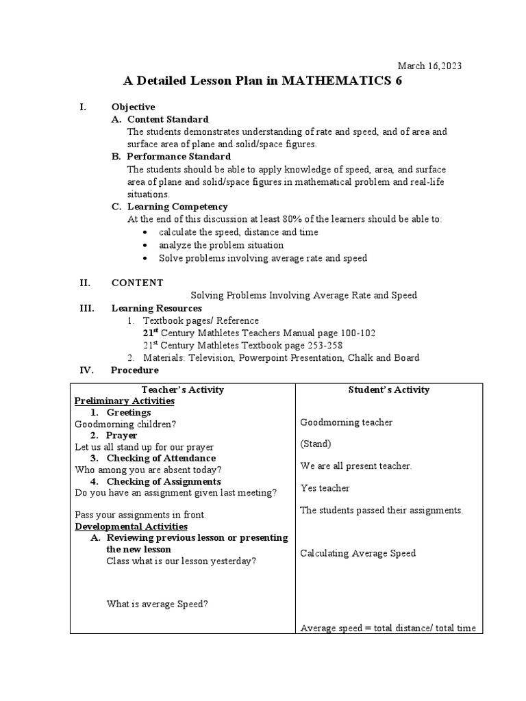 A Detailed Lesson Plan in MATHEMATICS 6 Day 5 PDF Speed Lesson Plan