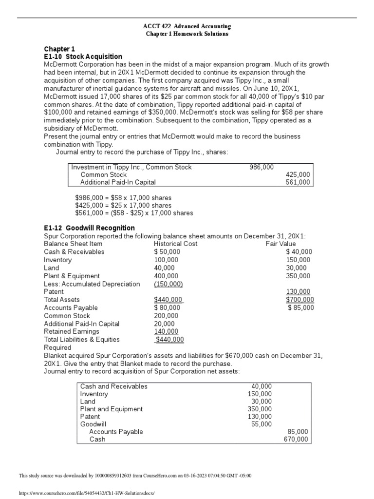 Ch1 HW Solutions PDF Goodwill (Accounting) Balance Sheet