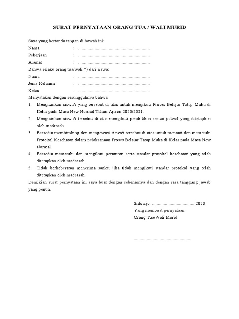 Surat Pernyataan Orang Tua | PDF