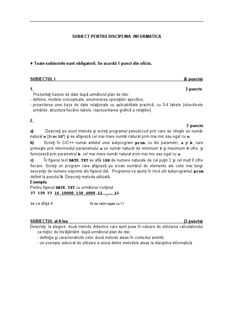 Model Subiect Informatica | PDF
