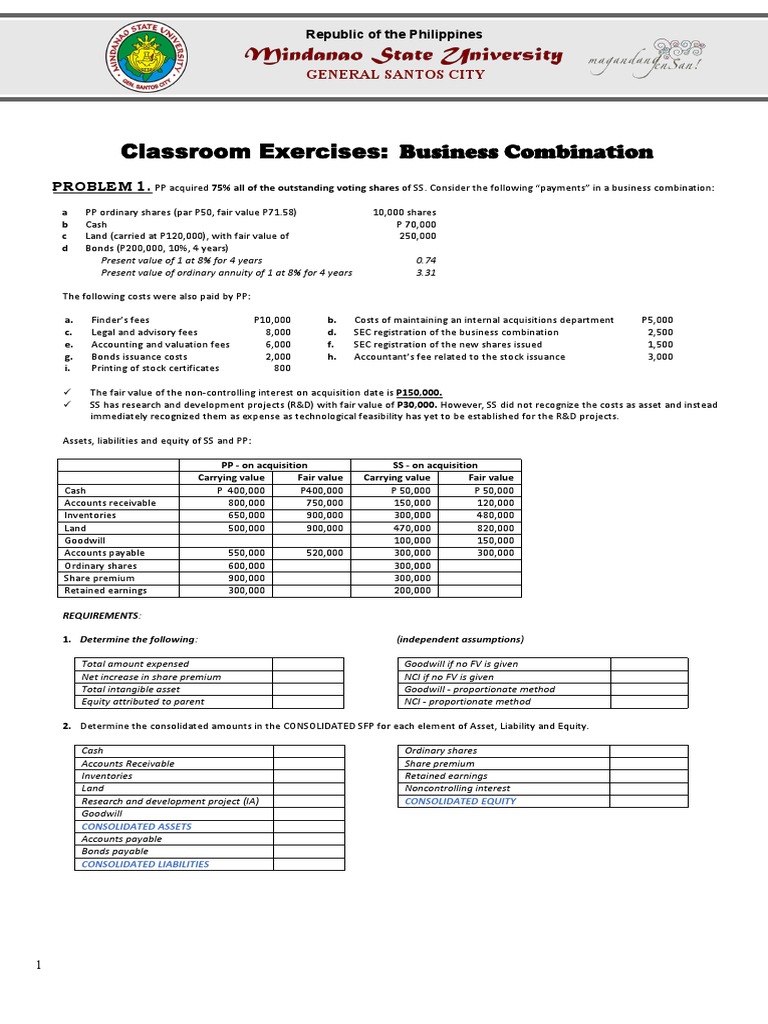 Business Combination Exercises Student PDF Financial Services