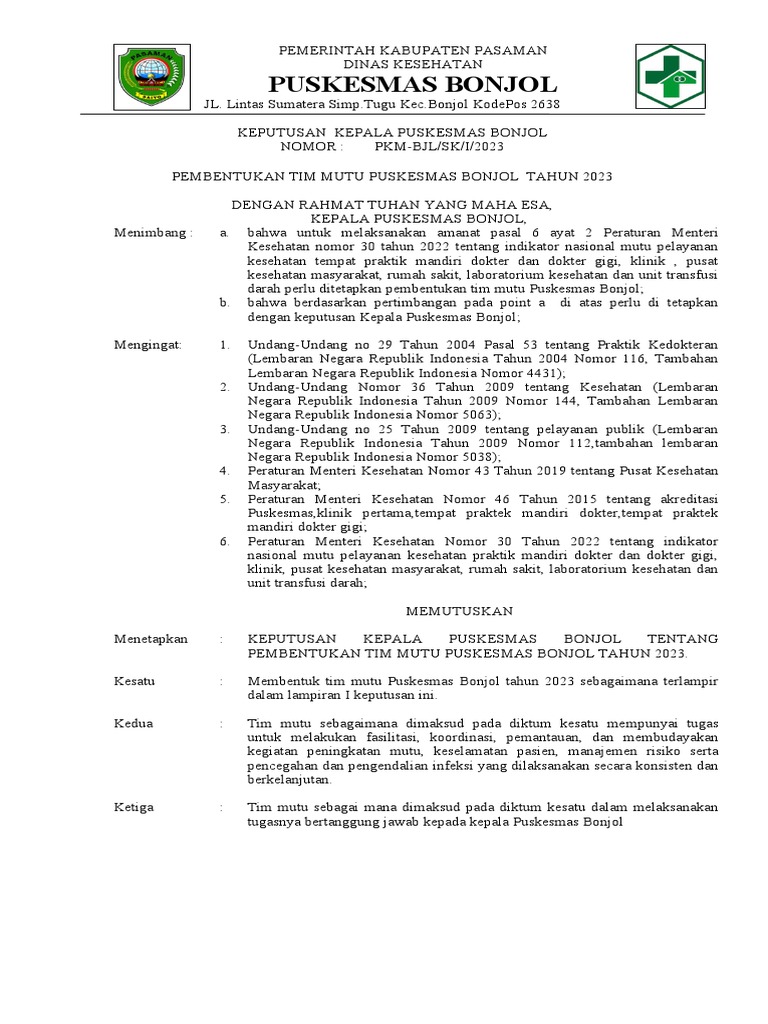 Pembentukan Tim Mutu Puskesmas 2023 | PDF | Kesehatan Holistik