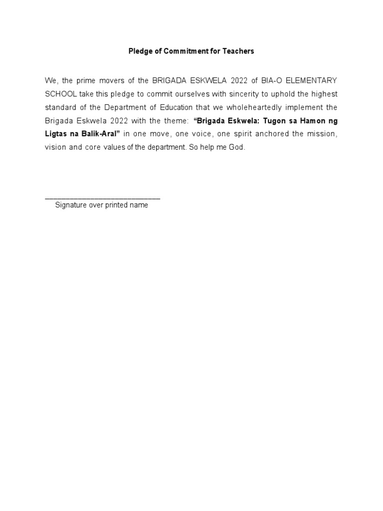 Brigada Eskwela 2022 Commitment Pledge | PDF