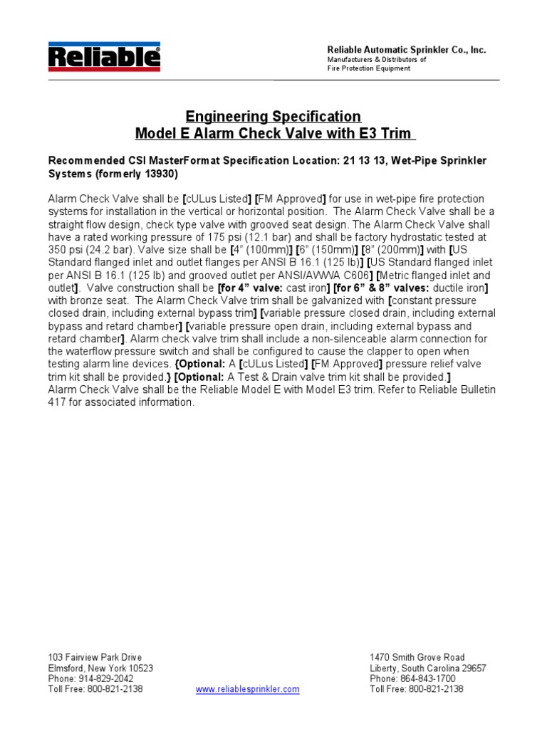 Reliable Model E Alarm Check Valve | PDF | Computers | Technology ...