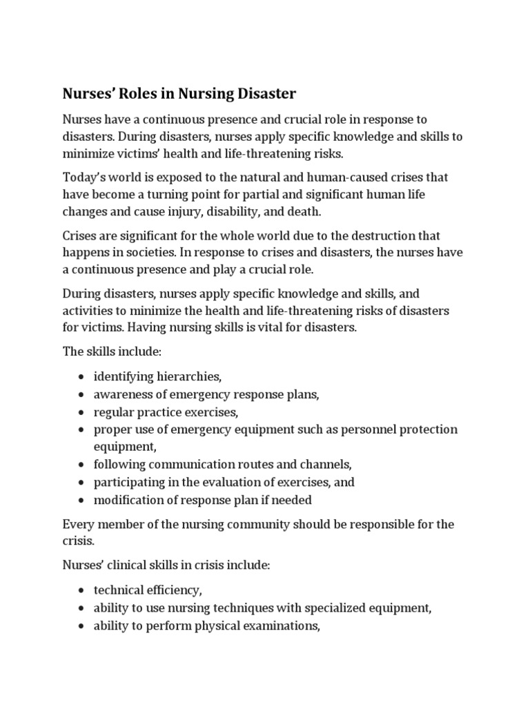 Nurses Role During A Disaster Pdf Nursing Emergency Management