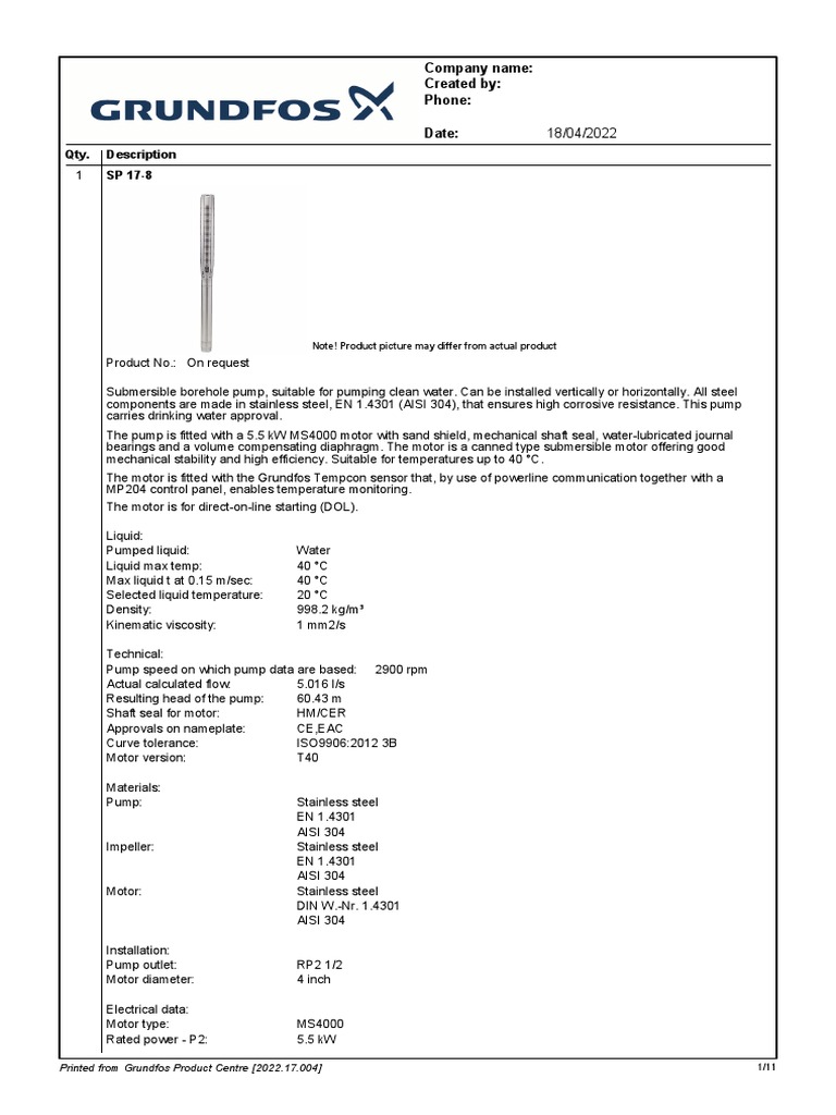 Submersible Borehole Pump Technical Specifications | PDF | Pump ...