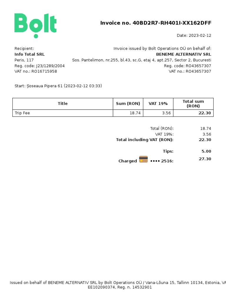 Ride Invoice From Bolt Pdf