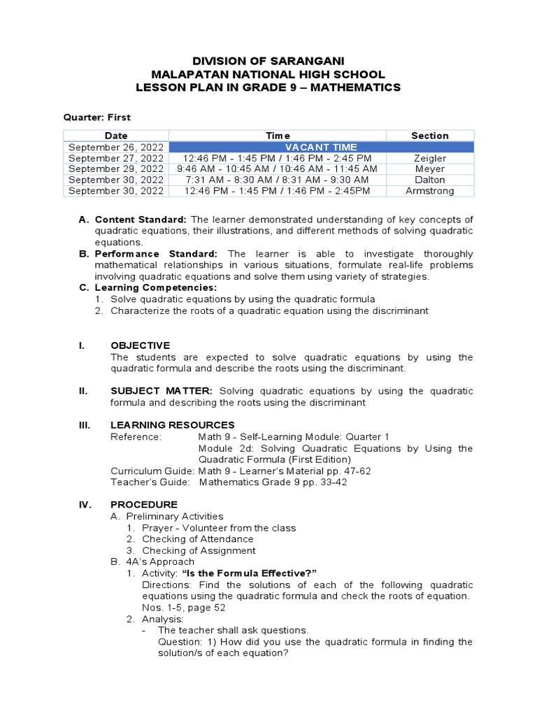 MATHEMATICS - LESSON PLAN GRADE 9 September 26-30 | PDF | Quadratic ...