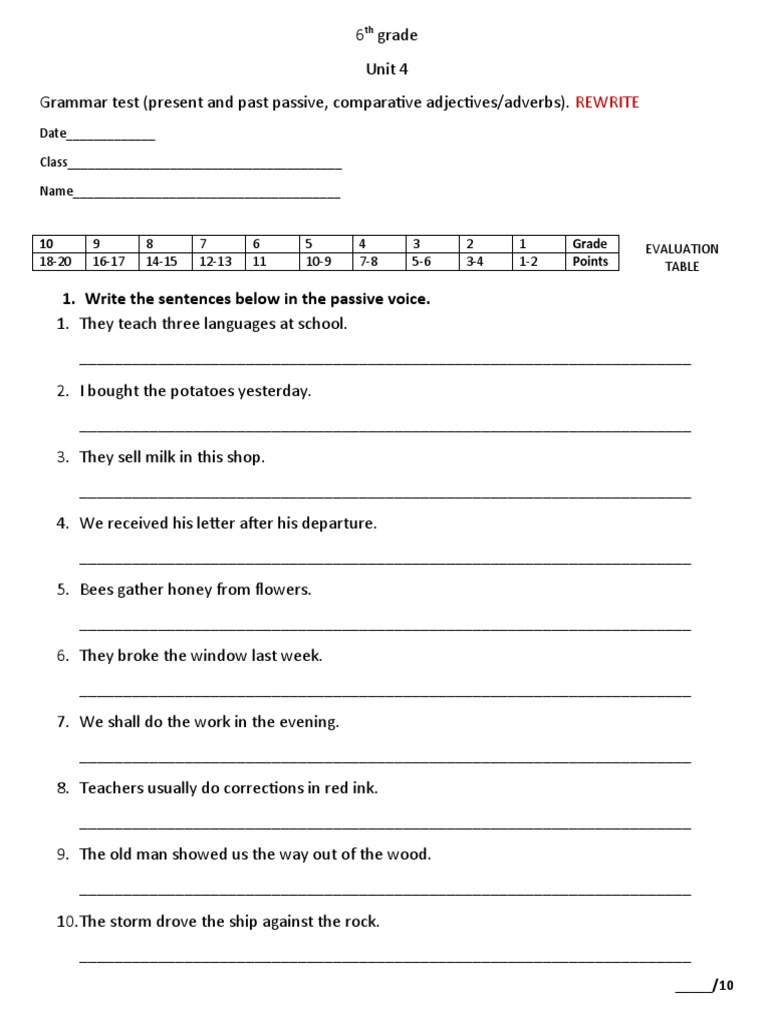 6th Grade Grammar Test: Passive & Comparatives | PDF | Cognitive ...
