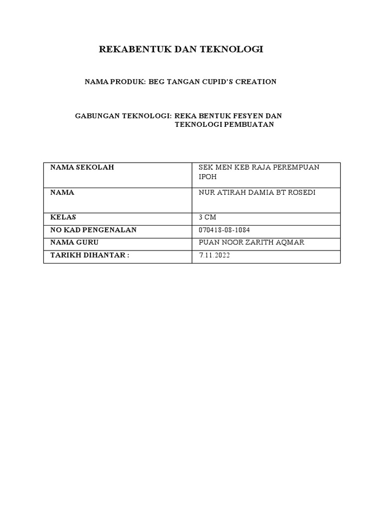 CONTOH Laporan Projek KSSM RBT Tingkatan 3 - BEG TGN DAMIA2 | PDF
