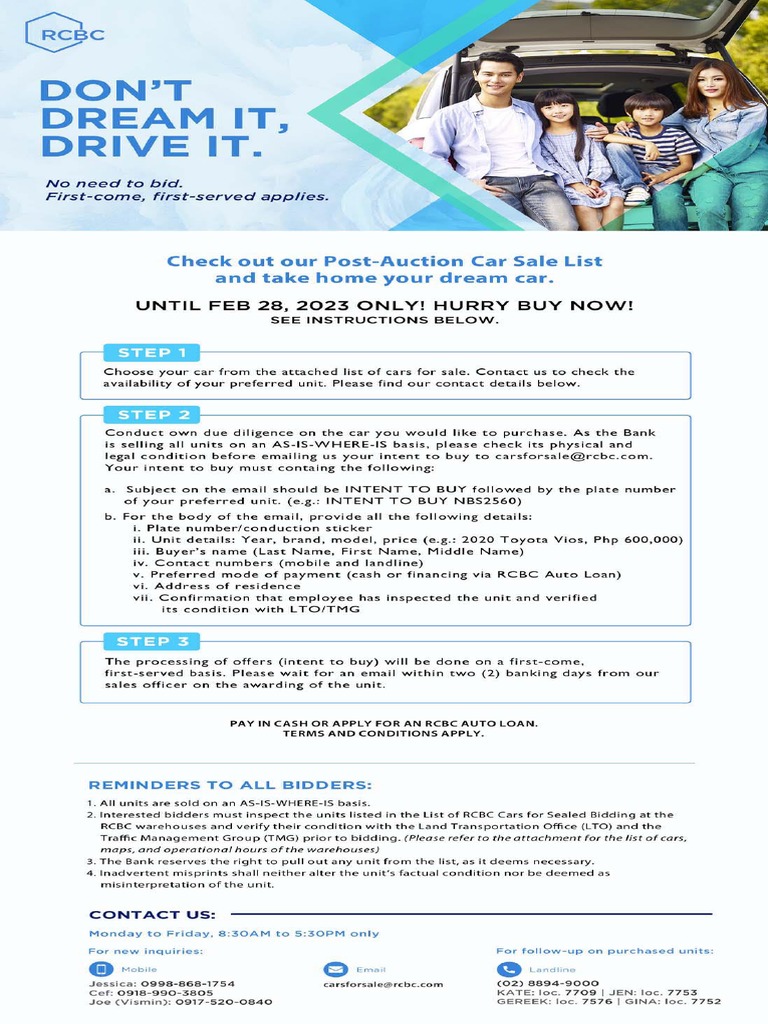 RCBC List of Cars For Sale Post Auction Until Feb 28 PDF