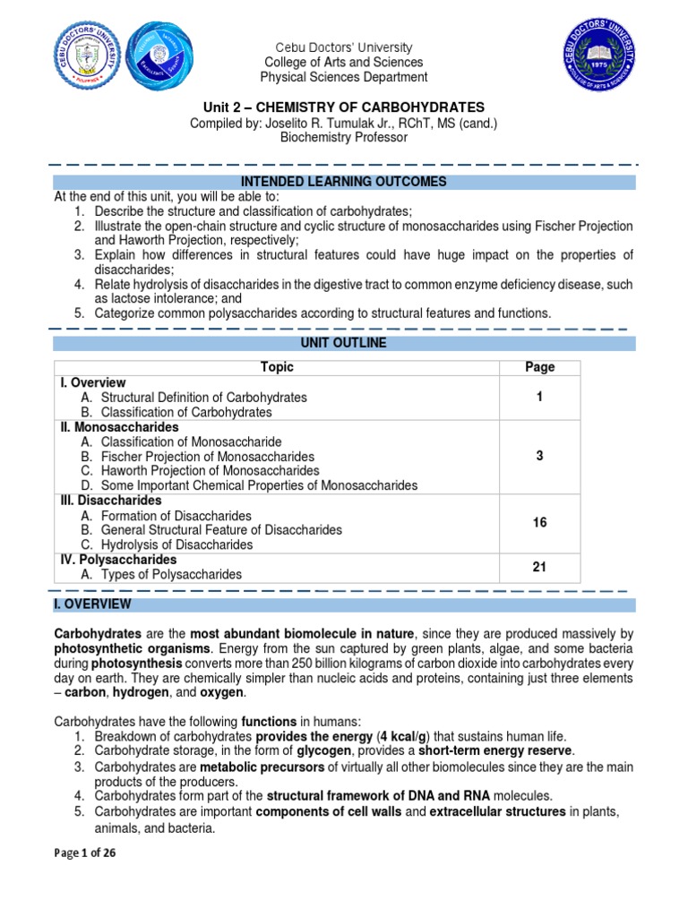 Unit 2 Chemistry Of Carbohydrates Pdf Carbohydrates Hydrolysis