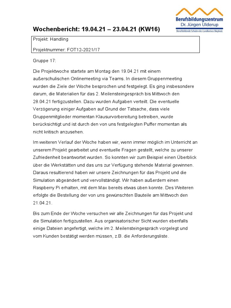 Wochenbericht Beispiel FOT12 XX PDF