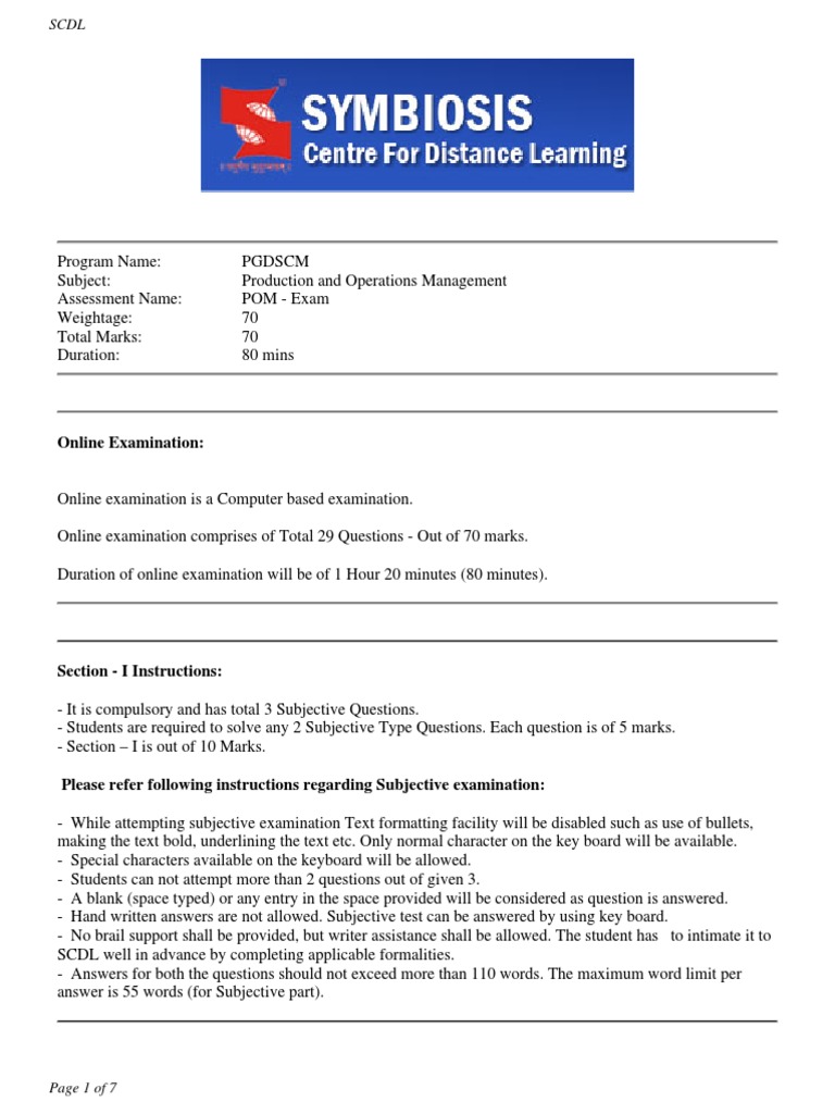 PGDSCM POM Exam Instructions | PDF | Six Sigma | Design For Six Sigma