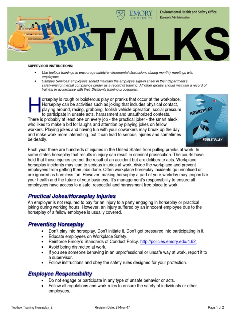 Toolbox Training Horseplay PDF Occupational Safety And Health Safety