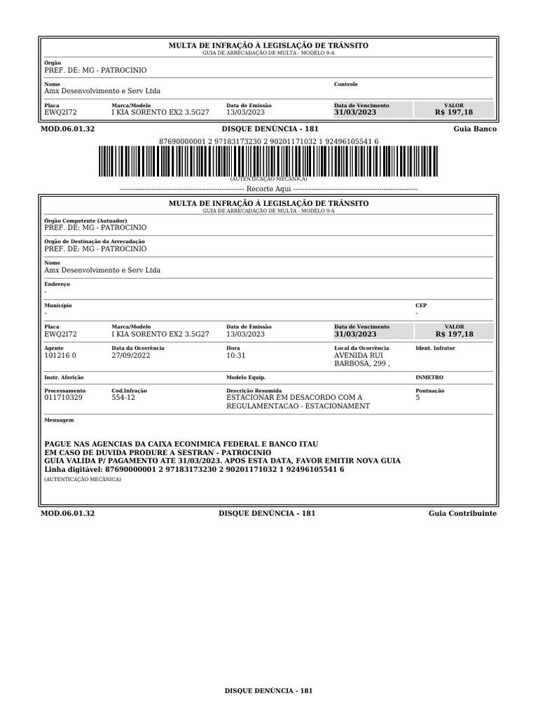 Guia de Arrecadação de Multa - Modelo 9-A: (Autenticação Mecânica) | PDF