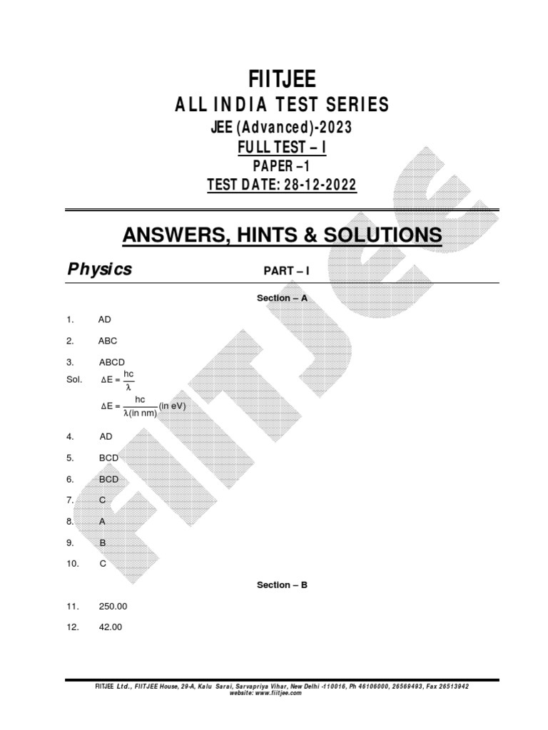 FIITJEE JEE Advanced 2023 Paper 1 Solutions | PDF