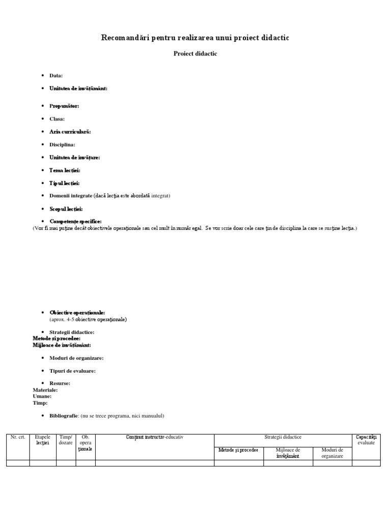 Recomandări Pentru Realizarea Unui Proiect Didactic Corect | PDF