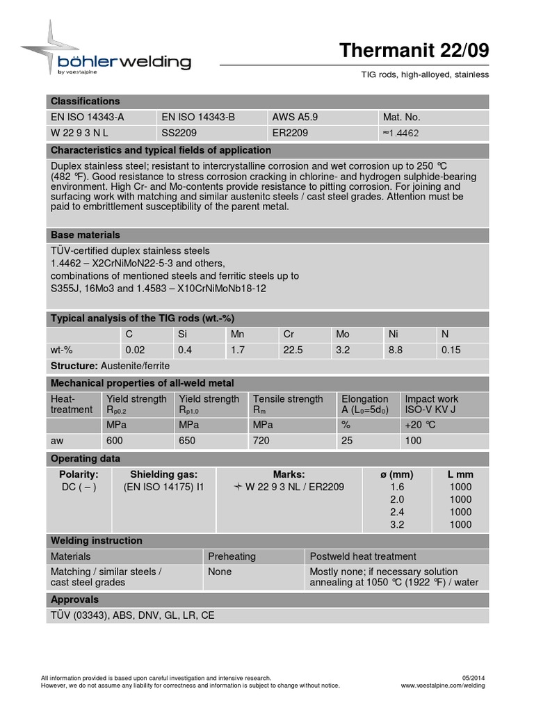 11042016000000T - Thermanit 22 - 09 - Tig Rod | PDF | Stainless Steel ...
