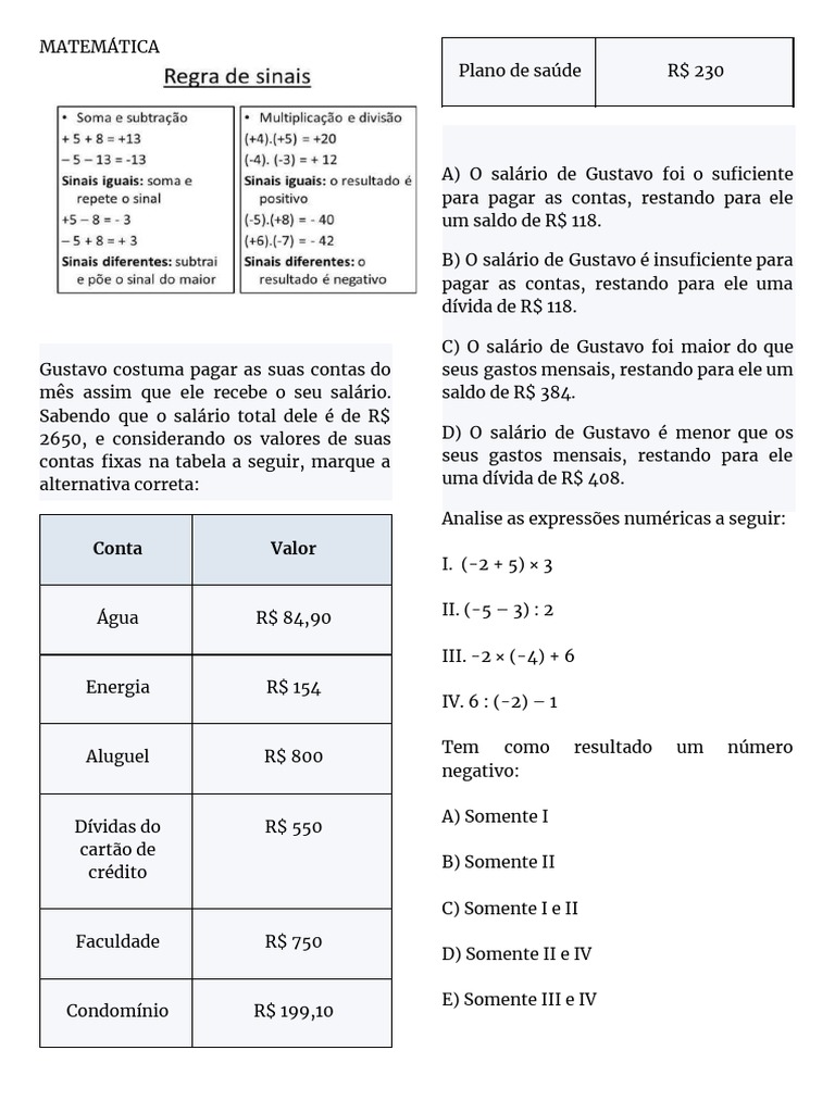 Matemática Regras de Sinais Com Exercicios | PDF | Números | Celsius