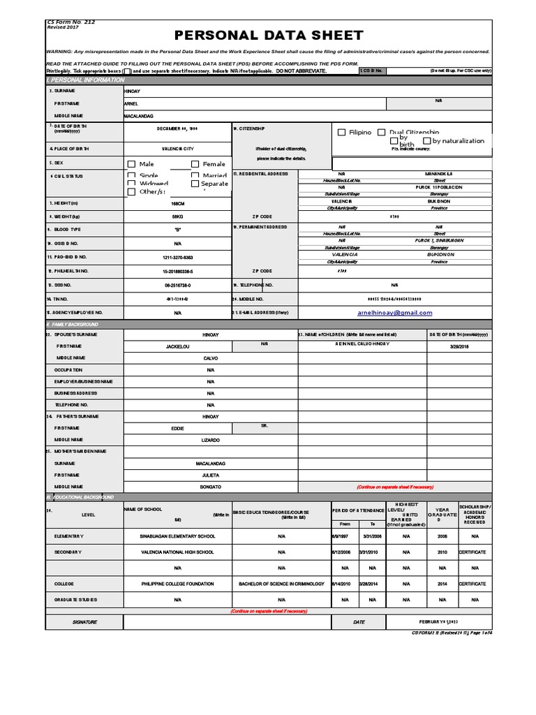 A Concise Personal Data Sheet PDF Government Justice