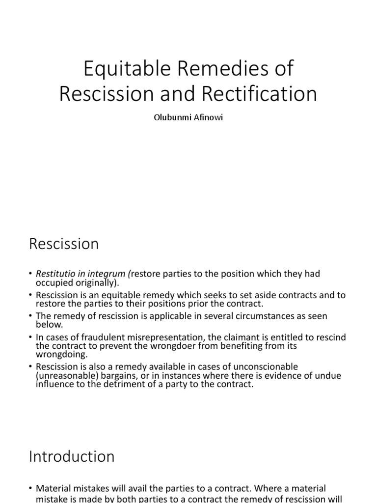 Equitable Remedies Of Rescission And Rectification Explained Pdf