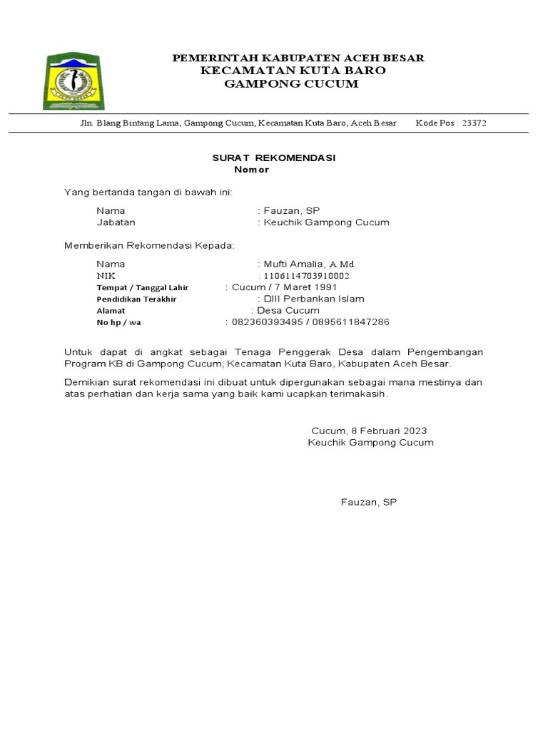 Rekomendasi Tenaga Penggerak Desa KB | PDF