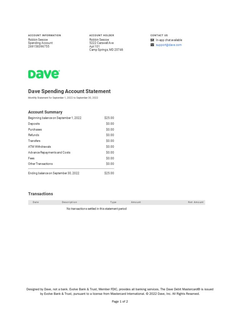 Dave Banking Statement For September 2022 PDF | PDF | Banks | Debit Card