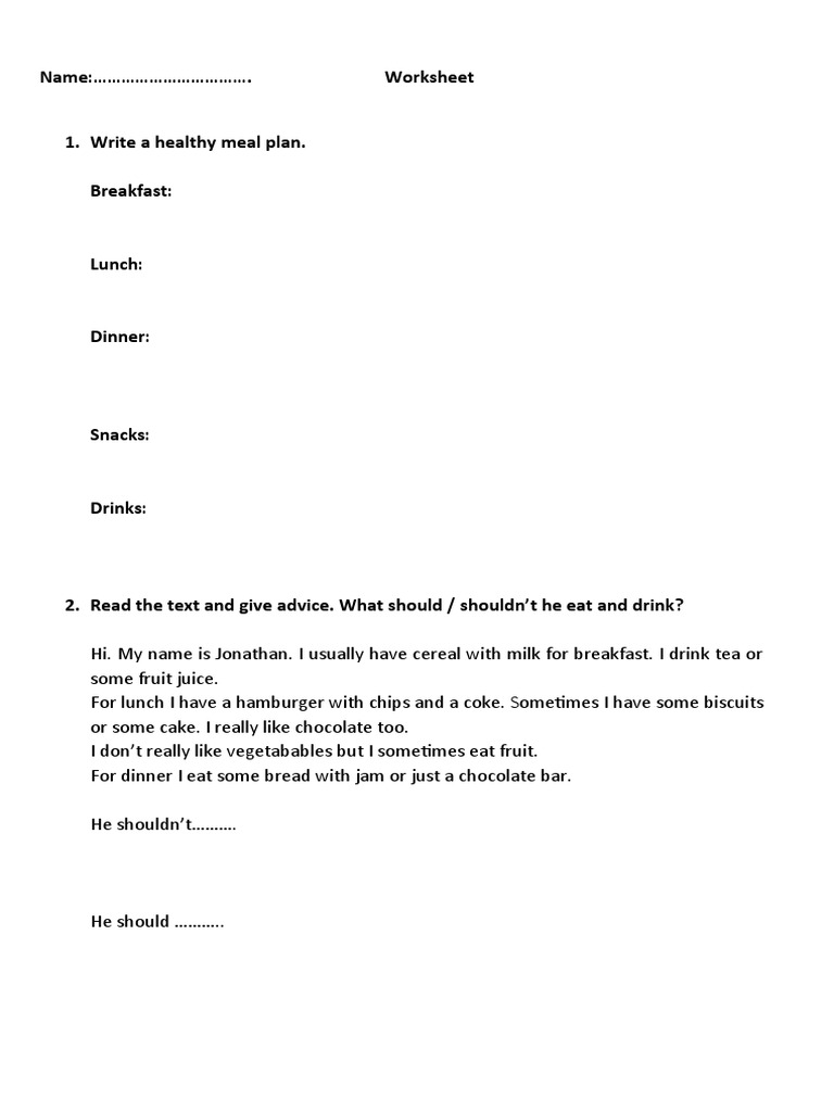 Healthy Eating Worksheet and Meal Plan | PDF