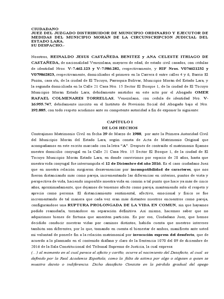 Divorcio Por Desafecto - Sin Hijos | PDF | Divorcio | Matrimonio